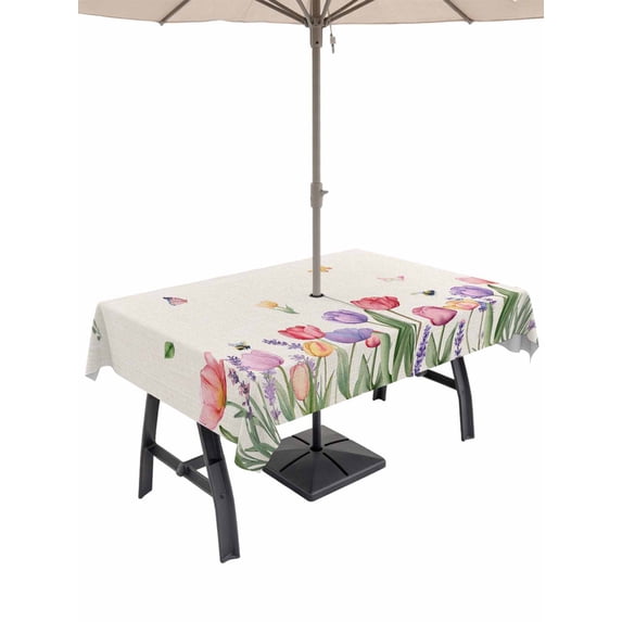 Outdoor Tablecloth with Umbrella Hole for Patio/Picnic/Party/Camping, Spring Tulips Waterproof Table Cloth Rectangle Table Cover Washable, Colorful Floral Spring Farmhouse Linen Texture (52"x 70")