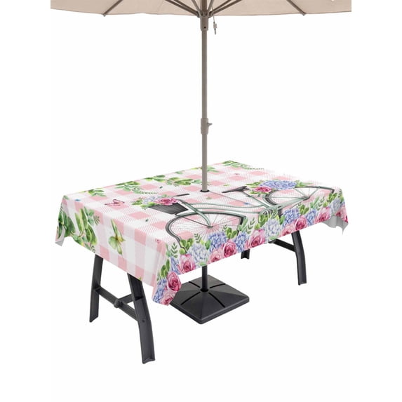 Outdoor Tablecloth with Umbrella Hole for Patio/Picnic/Party/Camping, Spring Waterproof Table Cloth Rectangle Table Cover Washable, Bicycles Leaves Butterfly Flowers Pink Buffalo Plaid (54"x 80")