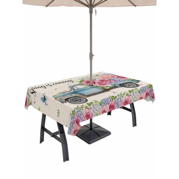 Outdoor Tablecloth with Umbrella Hole for Patio/Picnic/Party/Camping, Spring Waterproof Table Cloth Rectangle Table Cover Washable, Farmhouse Retro Truck Botanical Rose Butterfly (54"x 80")