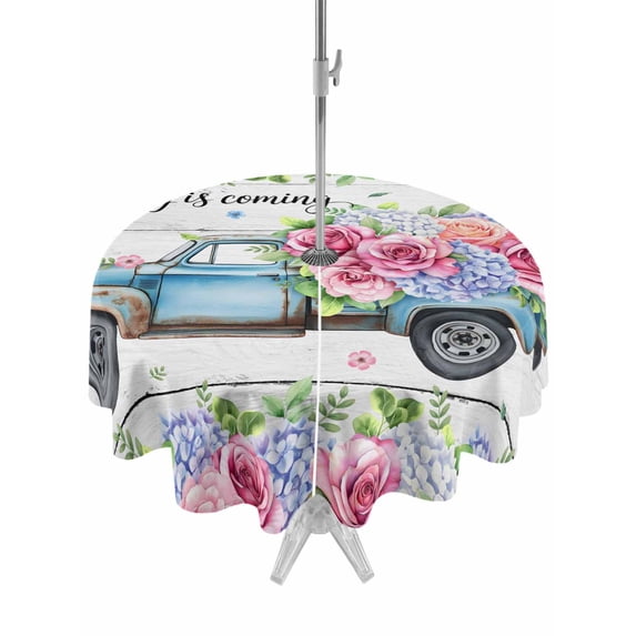 Outdoor Tablecloth with Umbrella Hole for Patio/Picnic/Party/Camping, Spring Waterproof Table Cloth Round Cover Washable, Truck Botanical Floral Leaf Butterfly Wooden Grain (Dia 54")