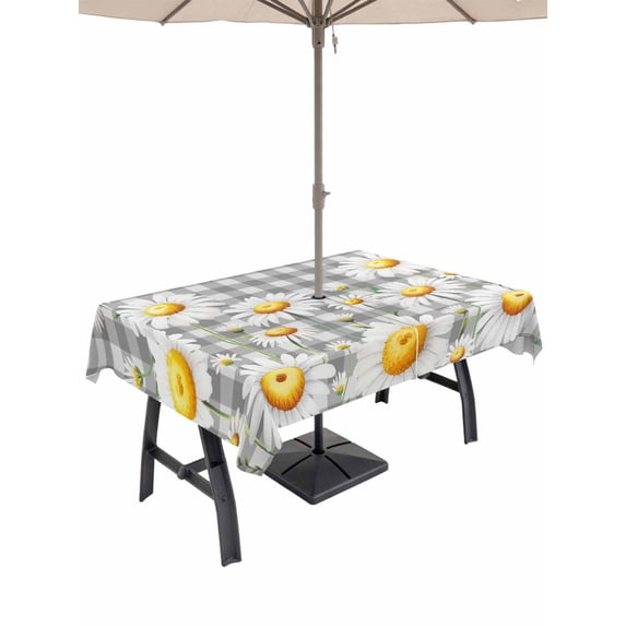 Outdoor Tablecloth with Umbrella Hole for Patio/Picnic/Party/Camping, Spring White Daisy Waterproof Table Cloth Rectangle Table Cover Washable, Farmhouse Floral Gray Buffalo Plaid (52"x 70")