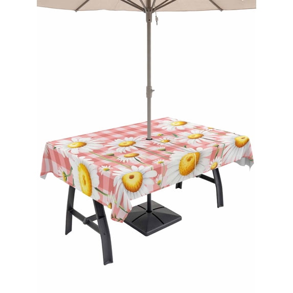 Outdoor Tablecloth with Umbrella Hole for Patio/Picnic/Party/Camping, Spring White Daisy Waterproof Table Cloth Rectangle Table Cover Washable, Farmhouse Floral Pink Buffalo Plaid (60"x 120")