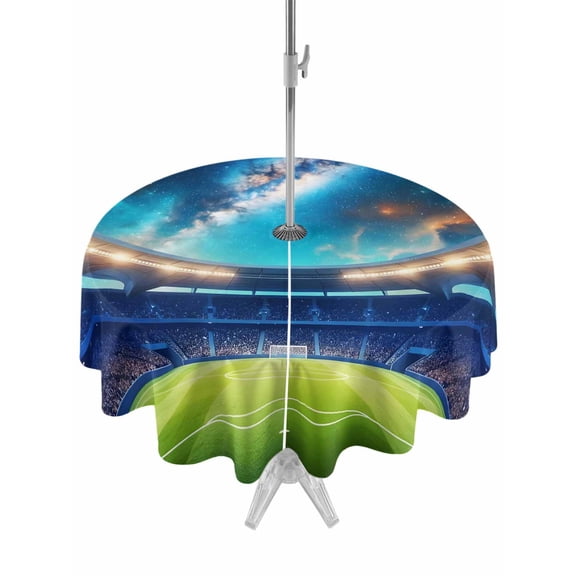 Outdoor Tablecloth with Umbrella Hole for Patio/Picnic/Party/Camping, Stadium Waterproof Table Cloth Round Cover Washable, Football Field Blue Starry Grand (Dia 54")