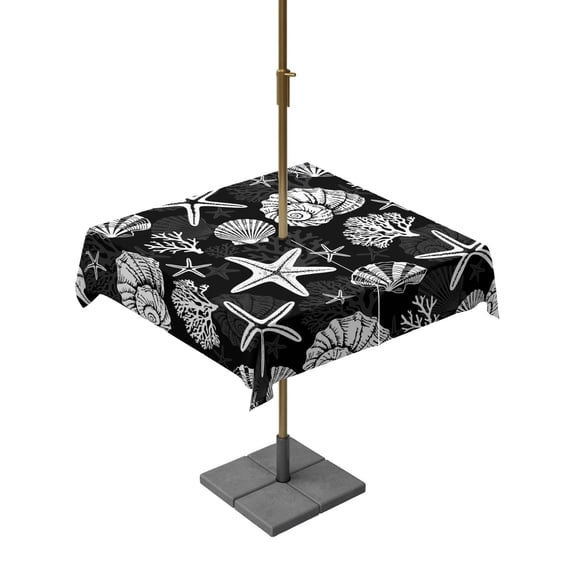 Outdoor Tablecloth with Umbrella Hole for Patio/Picnic/Party/Camping, Starfish Black Coastal Waterproof Table Cloth Square Cover Washable, Summer Nautical Shell Beach (60"x 60")