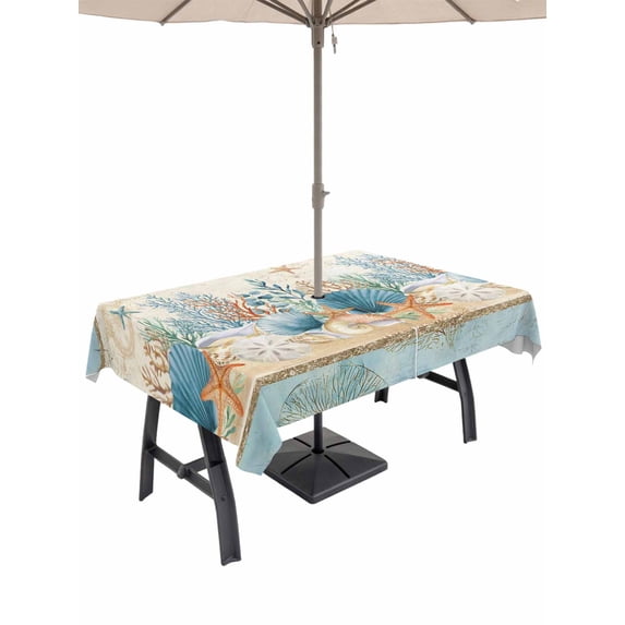 Outdoor Tablecloth with Umbrella Hole for Patio/Picnic/Party/Camping, Starfish Coastal Blue Waterproof Table Cloth Rectangle Table Cover Washable, Summer Ocean Coral Conch Vintage (54"x 80")