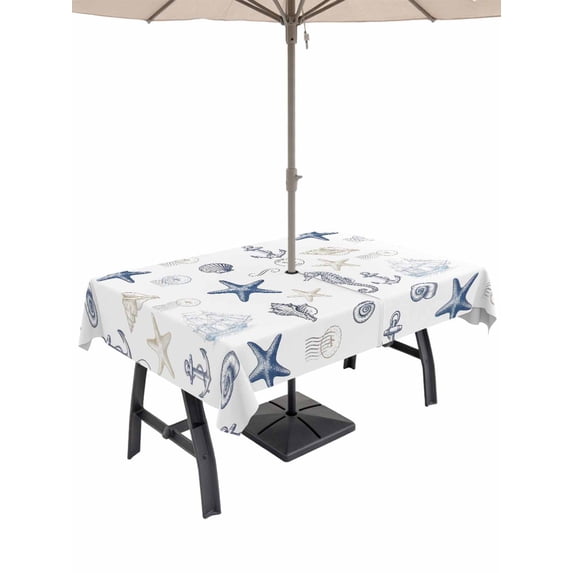 Outdoor Tablecloth with Umbrella Hole for Patio/Picnic/Party/Camping, Starfish Seahorse Nautical Waterproof Table Cloth Rectangle Table Cover Washable, Coastal Summer Ocean Conch Anchor (60"x 102")