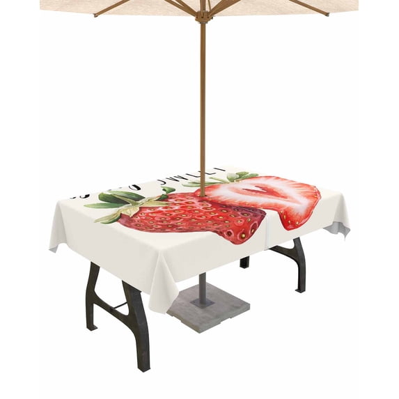 Outdoor Tablecloth with Umbrella Hole for Patio/Picnic/Party/Camping, Strawberry Waterproof Table Cloth Rectangle Table Cover Washable, Red Summer Fruits Green Botanical 60"x 120"
