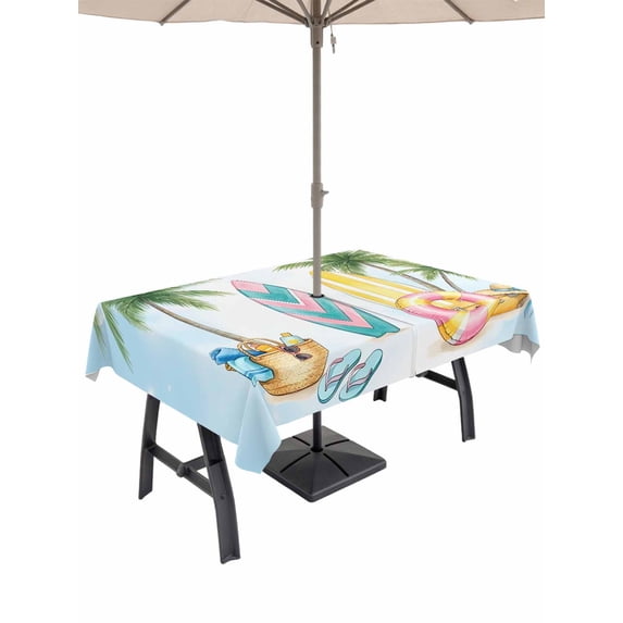 Outdoor Tablecloth with Umbrella Hole for Patio/Picnic/Party/Camping, Summer Beach Surfboard Waterproof Table Cloth Rectangle Table Cover Washable, Tropical Palm Tree Swimming Ring (54"x 80")
