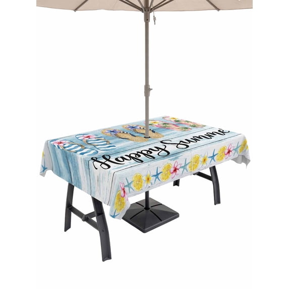 Outdoor Tablecloth with Umbrella Hole for Patio/Picnic/Party/Camping, Summer Beach Waterproof Table Cloth Rectangle Table Cover Washable, Happy Summer Slippers Coastal Blue Wooden (54"x 80")