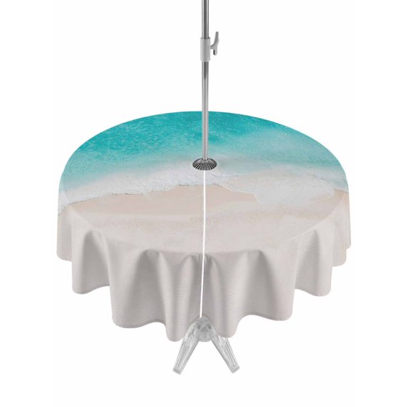 Outdoor Tablecloth with Umbrella Hole for Patio/Picnic/Party/Camping, Summer Beach Waterproof Table Cloth Round Cover Washable, Teal Green Seaside Turquoise Ombre (Dia 60")
