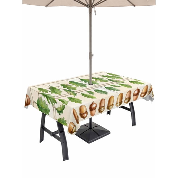 Outdoor Tablecloth with Umbrella Hole for Patio/Picnic/Party/Camping, Summer Botanical Waterproof Table Cloth Rectangle Table Cover Washable, Acorn Spring Plant Leaves Ombre (60"x 102")