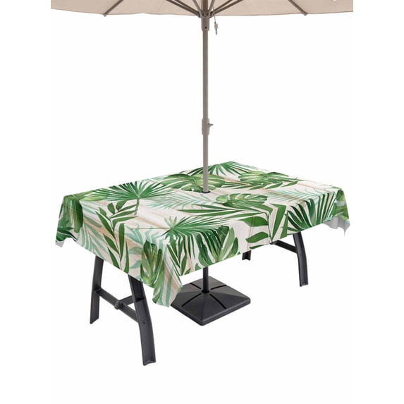 Outdoor Tablecloth with Umbrella Hole for Patio/Picnic/Party/Camping, Summer Botanical Waterproof Table Cloth Rectangle Table Cover Washable, Green Monstera Palm Leaves Wood Beige (60"x 102")