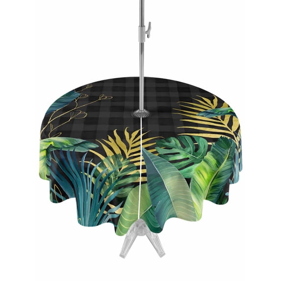 Outdoor Tablecloth with Umbrella Hole for Patio/Picnic/Party/Camping, Summer Botanical Waterproof Table Cloth Round Cover Washable, Tropical Monstera Palm Leaf Black (Dia 54")