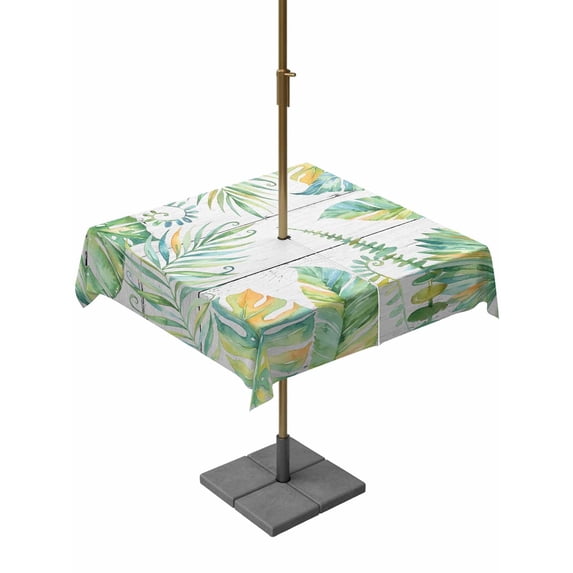 Outdoor Tablecloth with Umbrella Hole for Patio/Picnic/Party/Camping, Summer Botanical Waterproof Table Cloth Square Cover Washable, Green Tropical Palm Trees Wooden Grey (60"x 60")