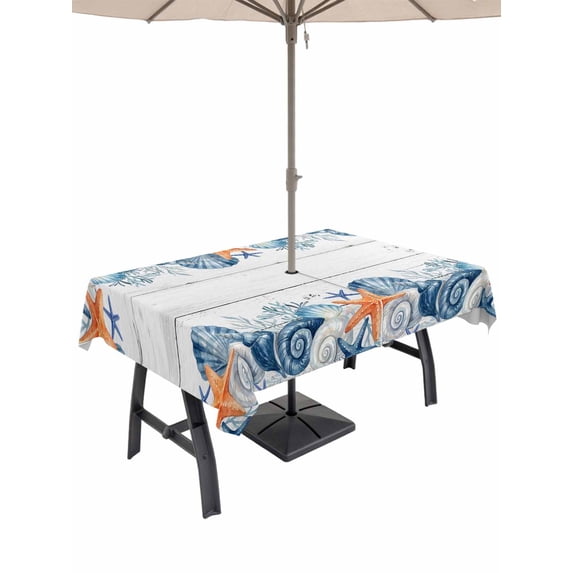 Outdoor Tablecloth with Umbrella Hole for Patio/Picnic/Party/Camping, Summer Coastal Waterproof Table Cloth Rectangle Table Cover Washable, Sea Ocean Starfish Shells Coral Conch Wood Gray (60"x 102")