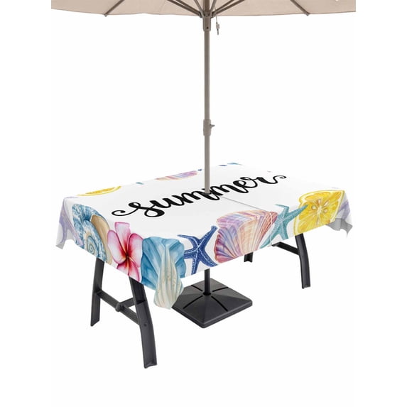 Outdoor Tablecloth with Umbrella Hole for Patio/Picnic/Party/Camping, Summer Coastal Waterproof Table Cloth Rectangle Table Cover Washable, Sea Starfish Shell Lemon Flowers Watercolor (54"x 80")