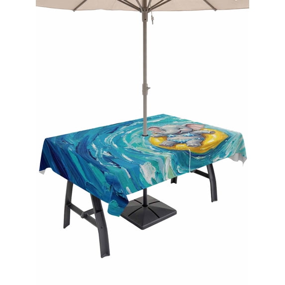 Outdoor Tablecloth with Umbrella Hole for Patio/Picnic/Party/Camping, Summer Elephant Waterproof Table Cloth Rectangle Table Cover Washable, Blue Ocean Oil Painting Swimming Ring (52"x 70")