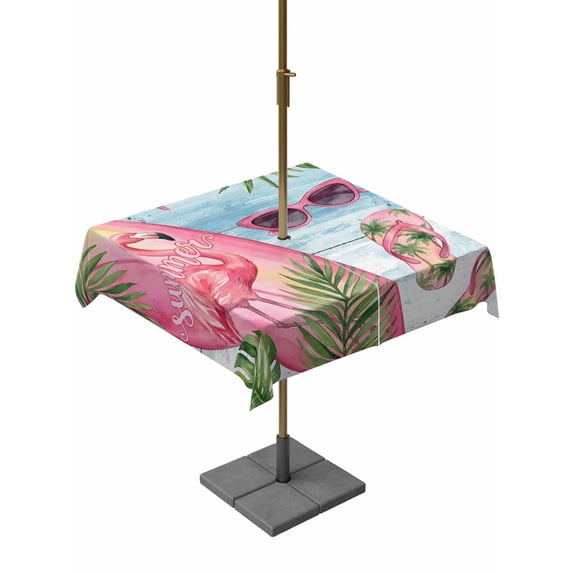 Outdoor Tablecloth with Umbrella Hole for Patio/Picnic/Party/Camping, Summer Flamingo Waterproof Table Cloth Square Cover Washable, Tropical Plants Botanical Blue Ombre Wood (54"x 54")