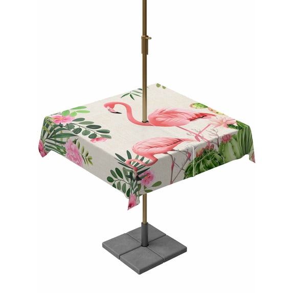 Outdoor Tablecloth with Umbrella Hole for Patio/Picnic/Party/Camping, Summer Flamingos Waterproof Table Cloth Square Cover Washable, Tropical Pink Botanical Flowers Cactus (60"x 60")