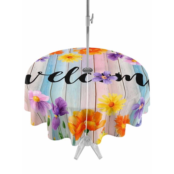 Outdoor Tablecloth with Umbrella Hole for Patio/Picnic/Party/Camping, Summer Floral Waterproof Table Cloth Round Cover Washable, Welcome Colorful Daisy Flowers Farmhouse Wooden (Dia 54")
