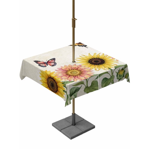 Outdoor Tablecloth with Umbrella Hole for Patio/Picnic/Party/Camping, Summer Floral Waterproof Table Cloth Square Cover Washable, Watercolor Sumflowers Butterfly Botanical Beige (54"x 54")