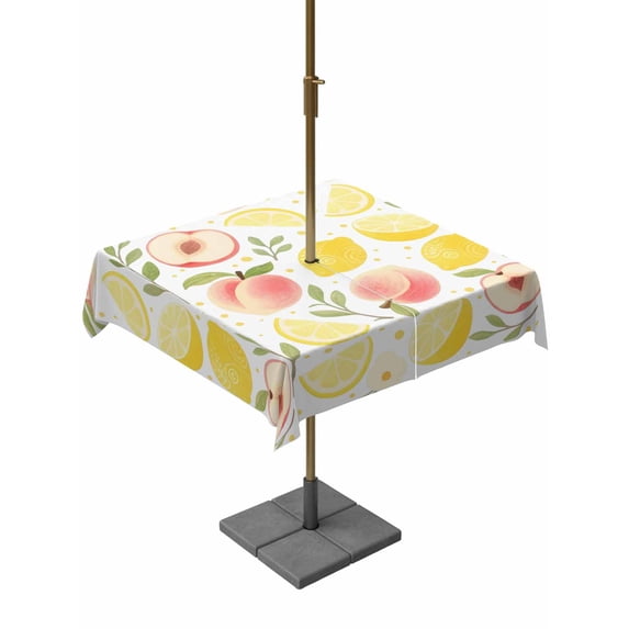 Outdoor Tablecloth with Umbrella Hole for Patio/Picnic/Party/Camping, Summer Fruit Waterproof Table Cloth Square Cover Washable, Spring Botanical Lemon Peach (60"x 60")