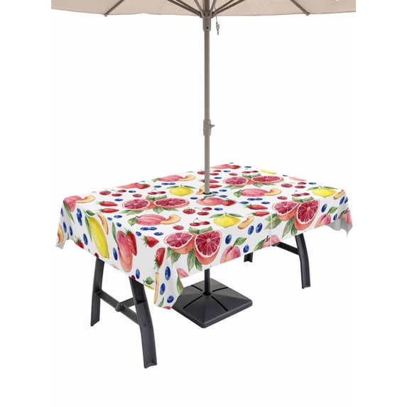 Outdoor Tablecloth with Umbrella Hole for Patio/Picnic/Party/Camping, Summer Fruits Waterproof Table Cloth Rectangle Table Cover Washable, Grapefruit Peach Lemon Strawberry (54"x 80")