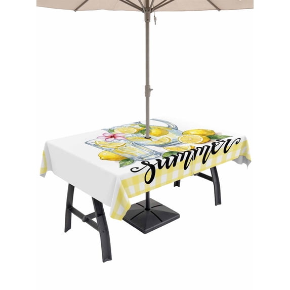 Outdoor Tablecloth with Umbrella Hole for Patio/Picnic/Party/Camping, Summer Fruits Waterproof Table Cloth Rectangle Table Cover Washable, Lemon Juice Glass Cups Mint Leaf Yellow Plaid (54"x 80")