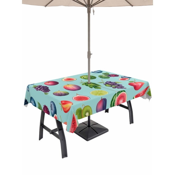 Outdoor Tablecloth with Umbrella Hole for Patio/Picnic/Party/Camping, Summer Fruits Waterproof Table Cloth Rectangle Table Cover Washable, Watermelon Berry Lemon Botanical Teal (54"x 80")