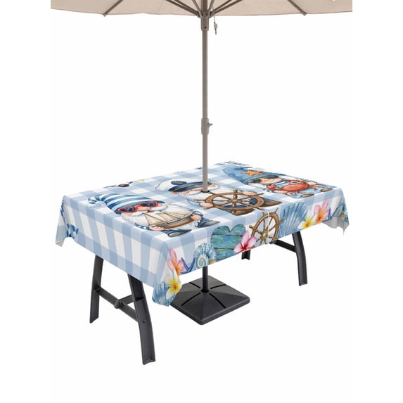 Outdoor Tablecloth with Umbrella Hole for Patio/Picnic/Party/Camping, Summer Gnomes Nautical Waterproof Table Cloth Rectangle Table Cover Washable, Blue Coastal Buffalo Plaid (60"x 84")