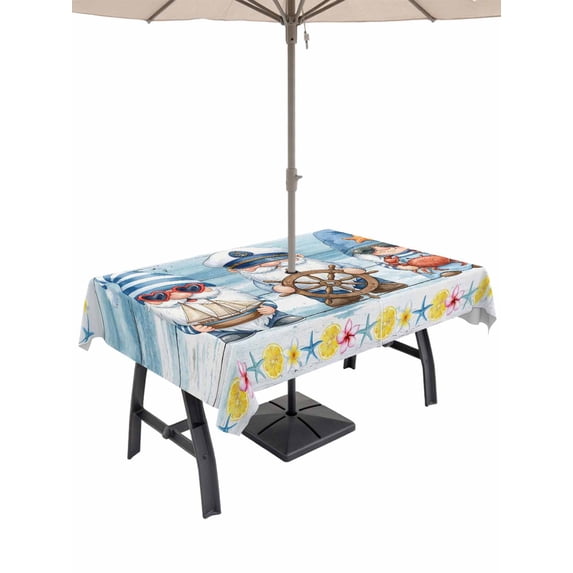 Outdoor Tablecloth with Umbrella Hole for Patio/Picnic/Party/Camping, Summer Gnomes Nautical Waterproof Table Cloth Rectangle Table Cover Washable, Blue Floral Starfish Wooden (54"x 80")