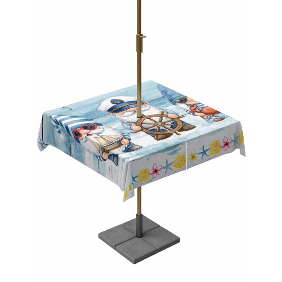Outdoor Tablecloth with Umbrella Hole for Patio/Picnic/Party/Camping, Summer Gnomes Nautical Waterproof Table Cloth Square Cover Washable, Blue Floral Starfish Wooden (54"x 54")