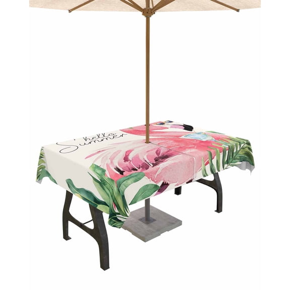 Outdoor Tablecloth with Umbrella Hole for Patio/Picnic/Party/Camping, Summer Green Palm Leaf Waterproof Table Cloth Rectangle Table Cover Washable, Pink Flamingo Tropical Plant 52"x 70"