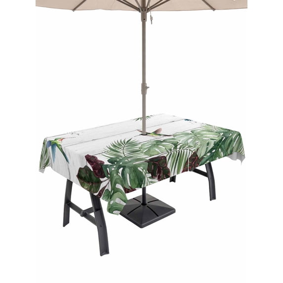 Outdoor Tablecloth with Umbrella Hole for Patio/Picnic/Party/Camping, Summer Hummingbirds Waterproof Table Cloth Rectangle Table Cover Washable, Tropical Palm Leaves Farmhouse Wood (52"x 70")