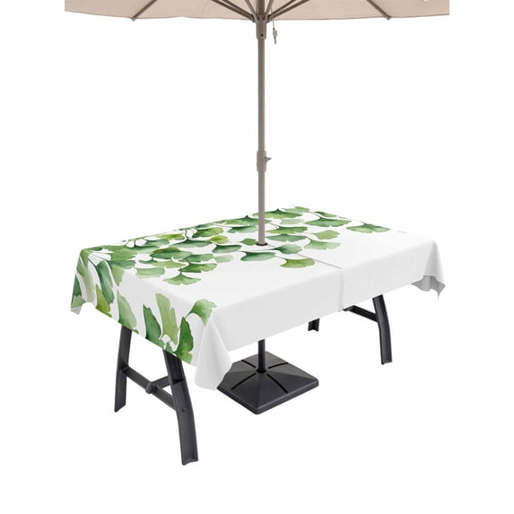 Outdoor Tablecloth with Umbrella Hole for Patio/Picnic/Party/Camping, Summer Leaves Waterproof Table Cloth Rectangle Table Cover Washable, Green Leaf Country Botanical Pastoral (60"x 84")