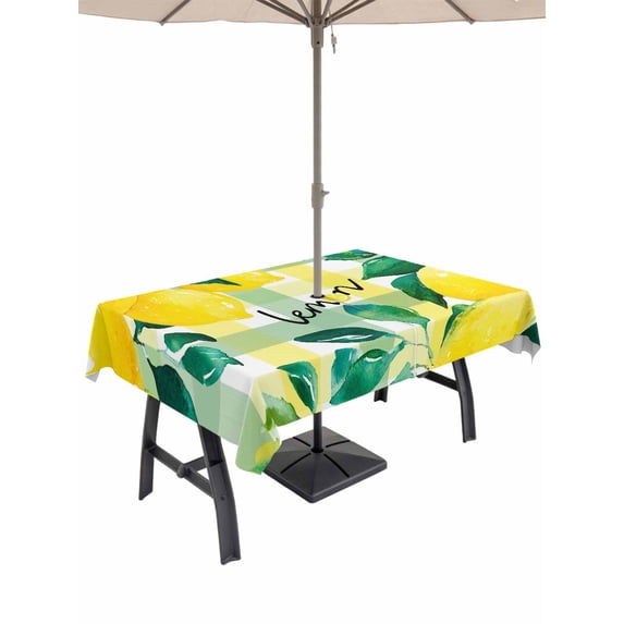 Outdoor Tablecloth with Umbrella Hole for Patio/Picnic/Party/Camping, Summer Lemon Waterproof Table Cloth Rectangle Table Cover Washable, Botanical Fruit Leaves Yellow Green Striped (54"x 80")