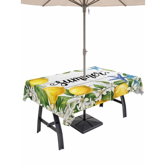 Outdoor Tablecloth with Umbrella Hole for Patio/Picnic/Party/Camping, Summer Lemon Waterproof Table Cloth Rectangle Table Cover Washable, Coastal Shells Pastoral Floral Farmhouse Wood (60"x 84")