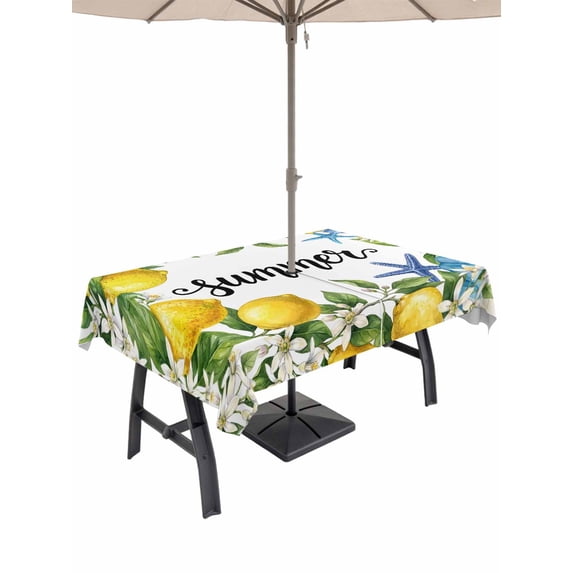 Outdoor Tablecloth with Umbrella Hole for Patio/Picnic/Party/Camping, Summer Lemon Waterproof Table Cloth Rectangle Table Cover Washable, Coastal Starfish Shells Pastoral Floral (60"x 84")