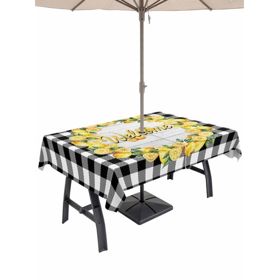 Outdoor Tablecloth with Umbrella Hole for Patio/Picnic/Party/Camping, Summer Lemon Waterproof Table Cloth Rectangle Table Cover Washable, Farmhouse Yellow Fruit Plaid Wooden Grain (60"x 120")
