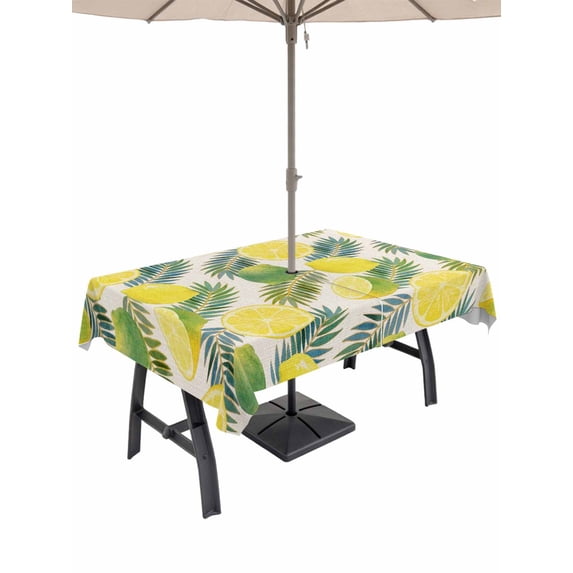 Outdoor Tablecloth with Umbrella Hole for Patio/Picnic/Party/Camping, Summer Lemon Waterproof Table Cloth Rectangle Table Cover Washable, Green Tropical Botanical Palm Leaves Rustic (52"x 70")