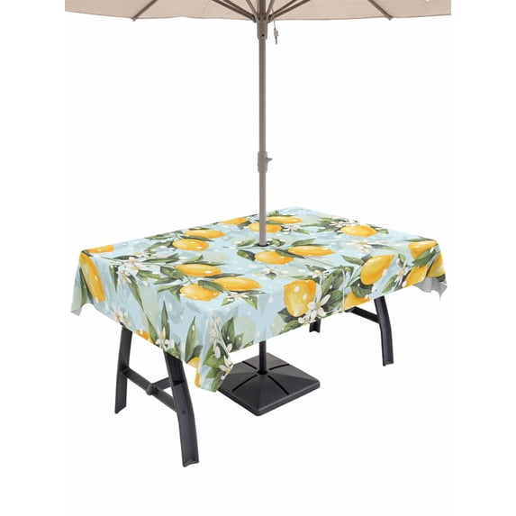 Outdoor Tablecloth with Umbrella Hole for Patio/Picnic/Party/Camping, Summer Lemon Waterproof Table Cloth Rectangle Table Cover Washable, Tropical Botanical Leaves Light Blue (60"x 84")