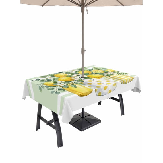 Outdoor Tablecloth with Umbrella Hole for Patio/Picnic/Party/Camping, Summer Lemon Waterproof Table Cloth Rectangle Table Cover Washable, Yellow Green Botanical Spring Floral (54"x 80")
