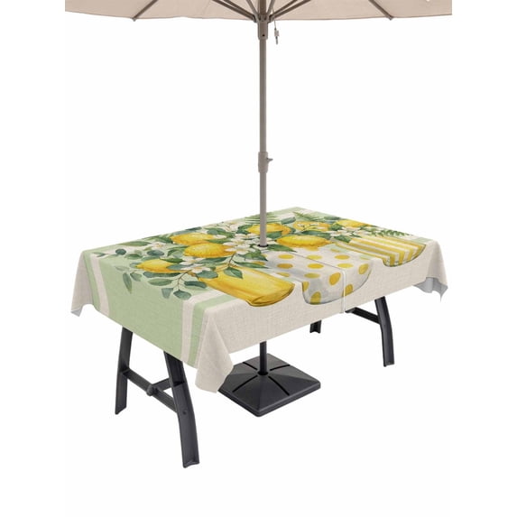 Outdoor Tablecloth with Umbrella Hole for Patio/Picnic/Party/Camping, Summer Lemon Waterproof Table Cloth Rectangle Table Cover Washable, Yellow Green Botanical Rustic Floral (60"x 102")