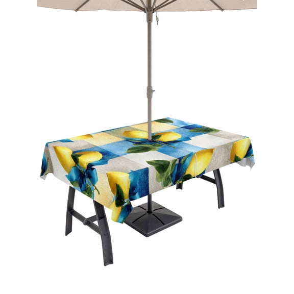 Outdoor Tablecloth with Umbrella Hole for Patio/Picnic/Party/Camping, Summer Lemon Waterproof Table Cloth Rectangle Table Cover Washable, Yellow Green Botanical Blue Plaid Vintage (54"x 80")