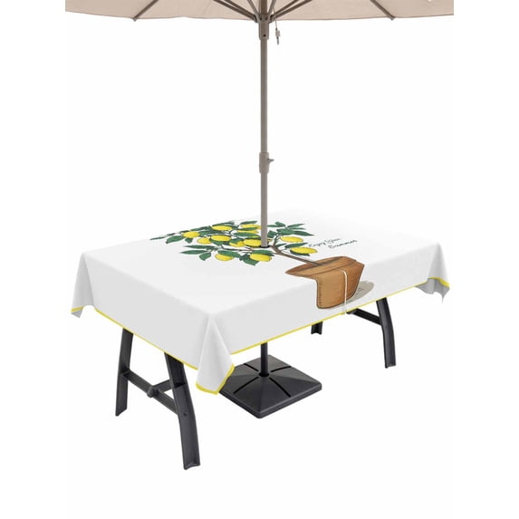 Outdoor Tablecloth with Umbrella Hole for Patio/Picnic/Party/Camping, Summer Lemon Waterproof Table Cloth Rectangle Table Cover Washable, Yellow Potted Plant Green Botanical (60"x 84")