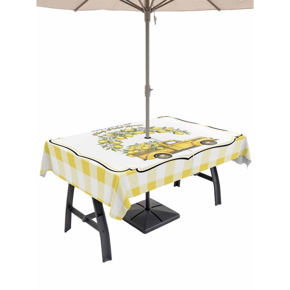 Outdoor Tablecloth with Umbrella Hole for Patio/Picnic/Party/Camping, Summer Lemon Waterproof Table Cloth Rectangle Table Cover Washable, Yellow Truck Fruits Plants Country Plaid (60"x 84")