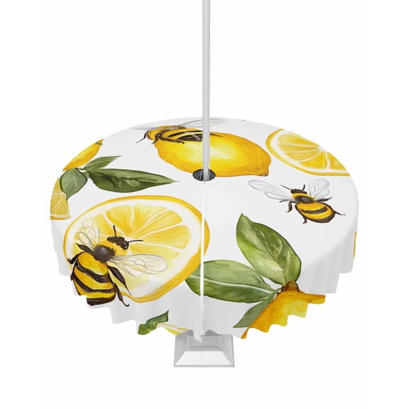 Outdoor Tablecloth with Umbrella Hole for Patio/Picnic/Party/Camping, Summer Lemon Waterproof Table Cloth Round Cover Washable, Bee Green Botanical Yellow Fruits Dia 54"