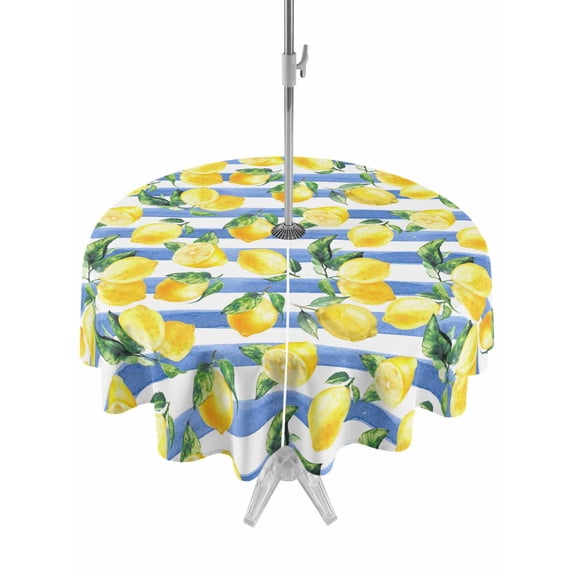 Outdoor Tablecloth with Umbrella Hole for Patio/Picnic/Party/Camping, Summer Lemon Waterproof Table Cloth Round Cover Washable, Fruits Green Botanical Blue Striped (Dia 54")