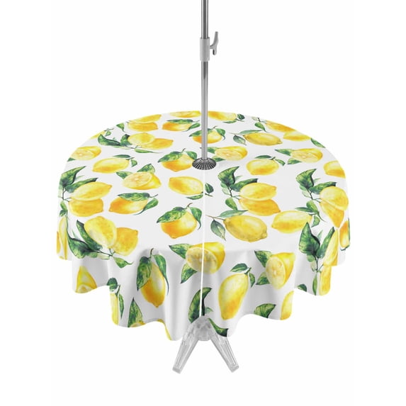 Outdoor Tablecloth with Umbrella Hole for Patio/Picnic/Party/Camping, Summer Lemon Waterproof Table Cloth Round Cover Washable, Green Botanical Yellow Fruits (Dia 60")