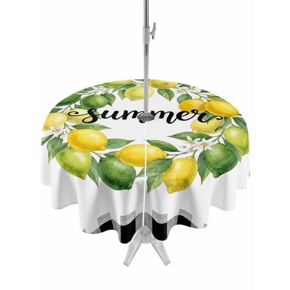 Outdoor Tablecloth with Umbrella Hole for Patio/Picnic/Party/Camping, Summer Lemon Waterproof Table Cloth Round Cover Washable, Green Yellow Fruits Leaves Wreath Black Plaid (Dia 54")
